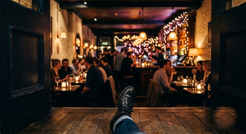 A warm, inviting social room at night with soft glowing lights