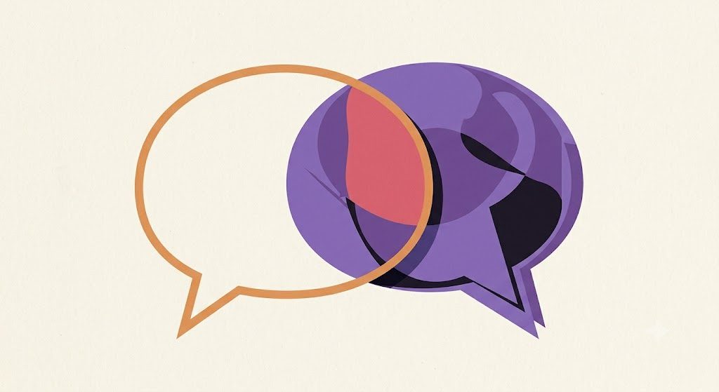 Two overlapping speech bubbles representing the same conversation seen from both sides