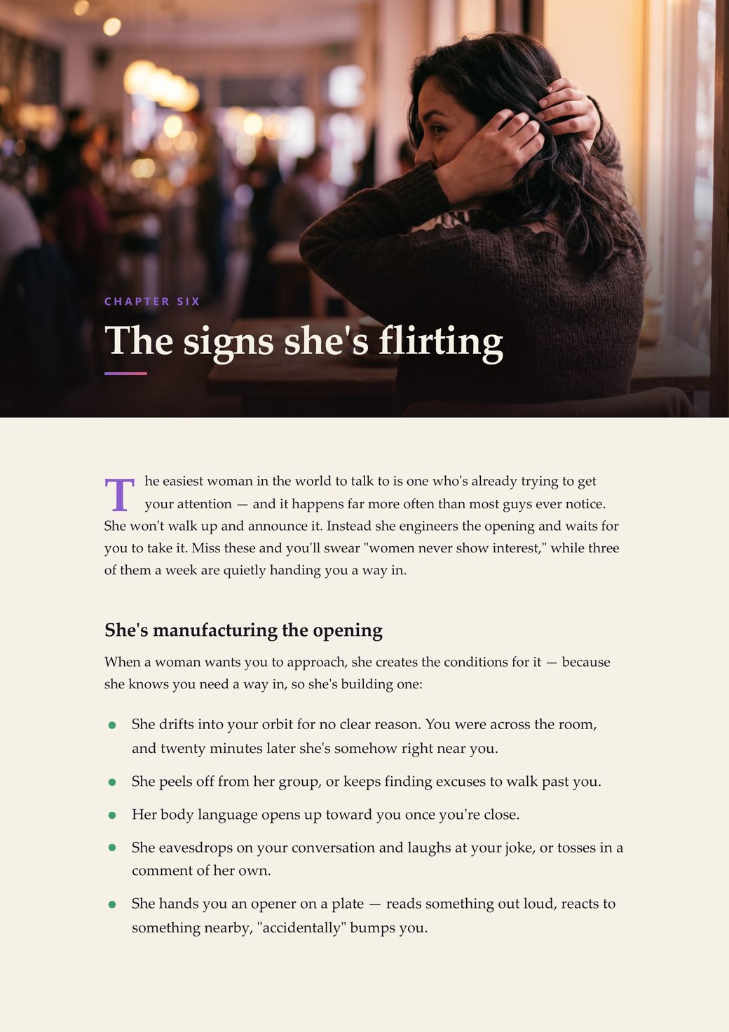 Interior page from What She's Actually Thinking, Chapter Six: The signs she's flirting