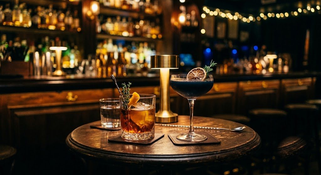A warmly lit cocktail bar at night with two drinks on a small table
