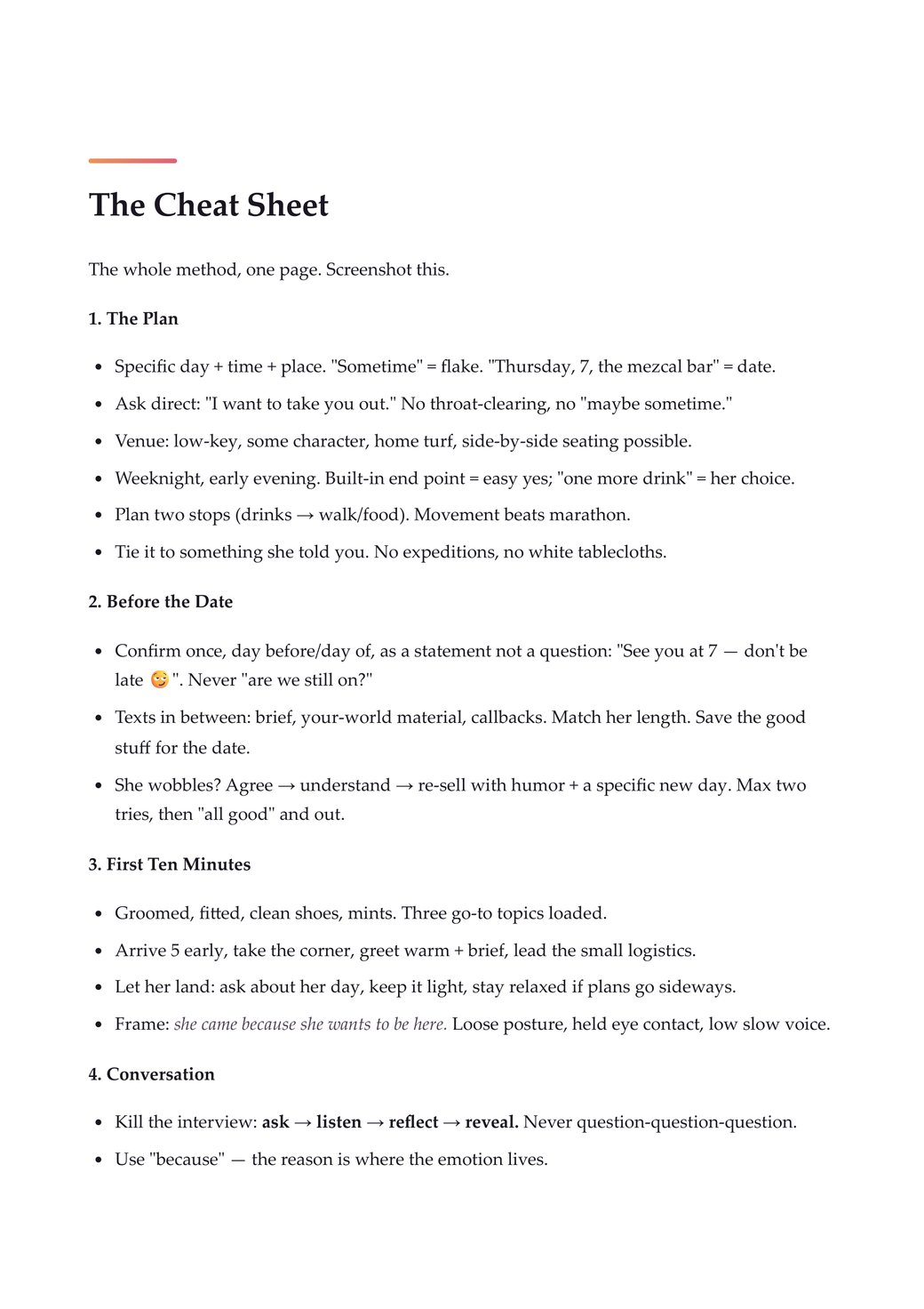 The First Date Playbook cheat sheet