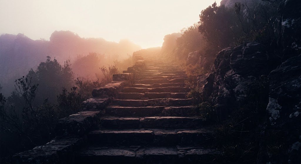 A path ascending toward warm dawn light