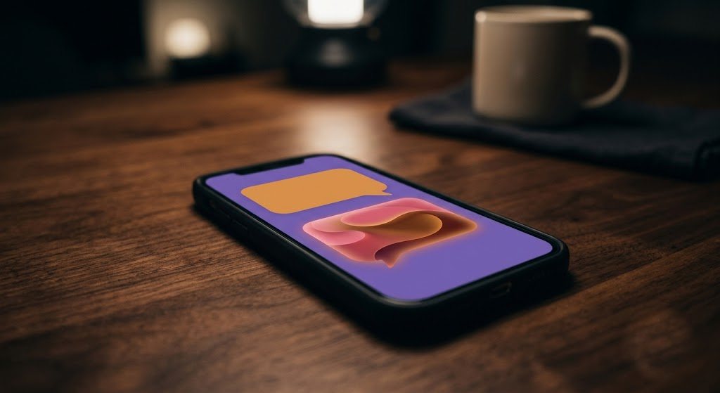 A phone at night showing two abstract chat bubbles